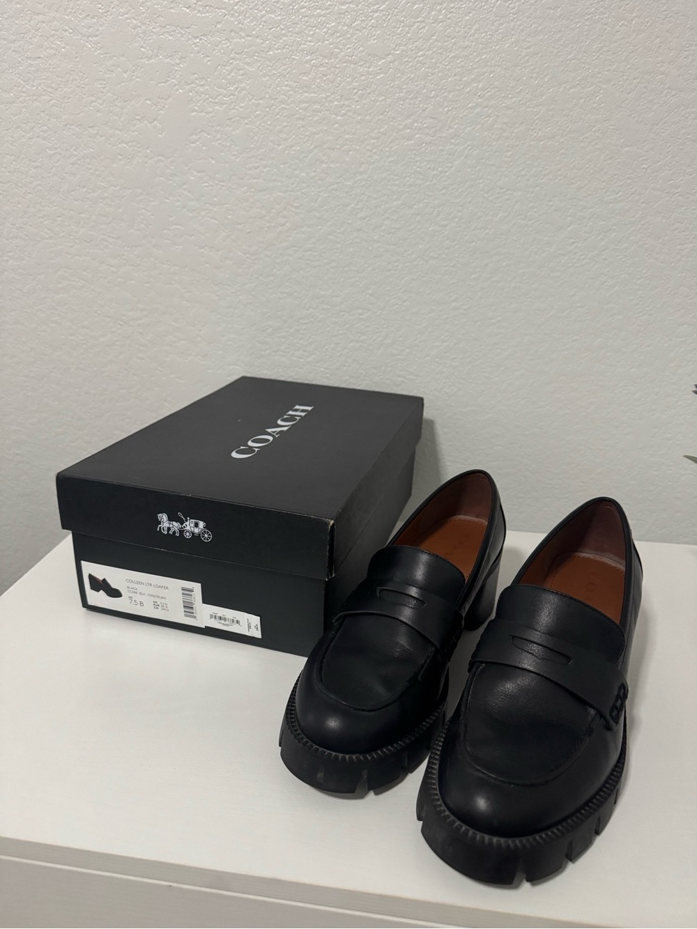 Coach Black Leather Lug Sole Penny Loafers